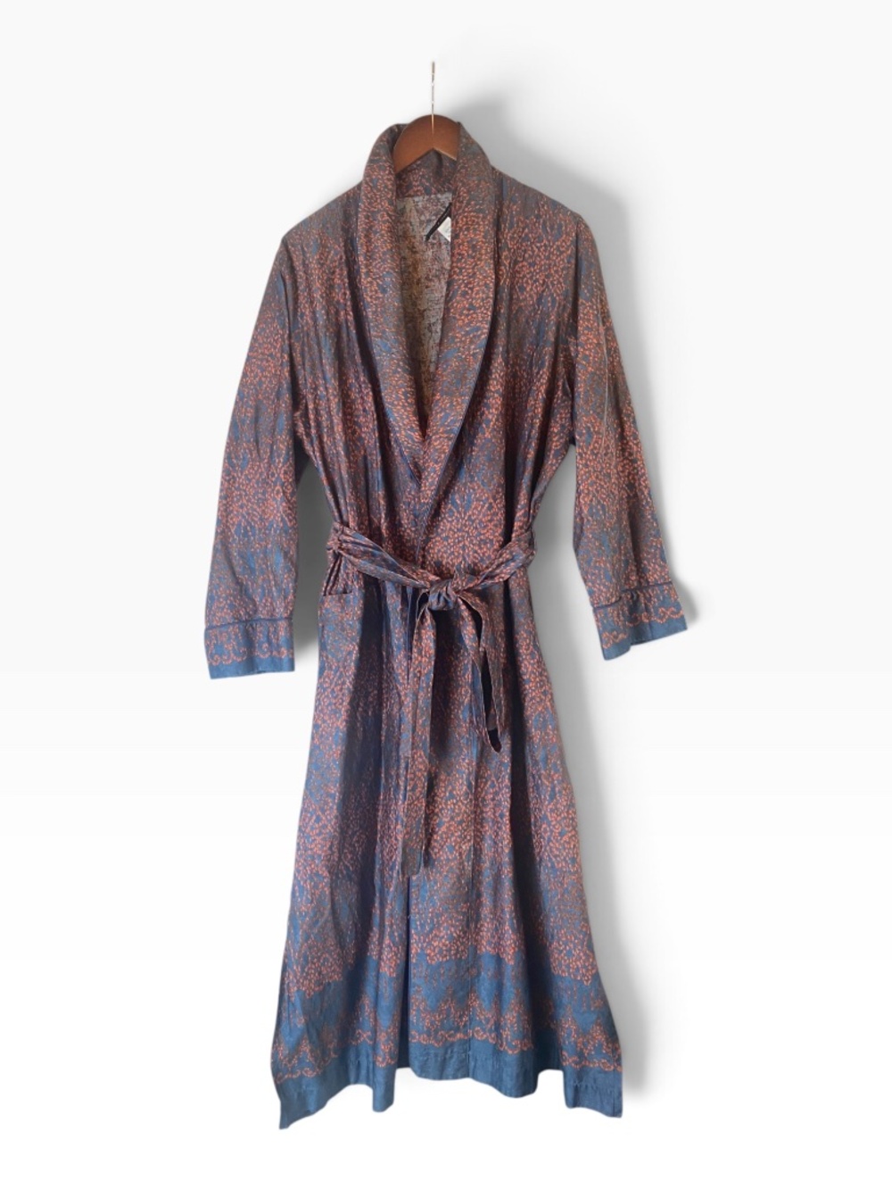 Peruvian Connection 100% Pima Cotton Blue Rust Print Belted Robe Size XL